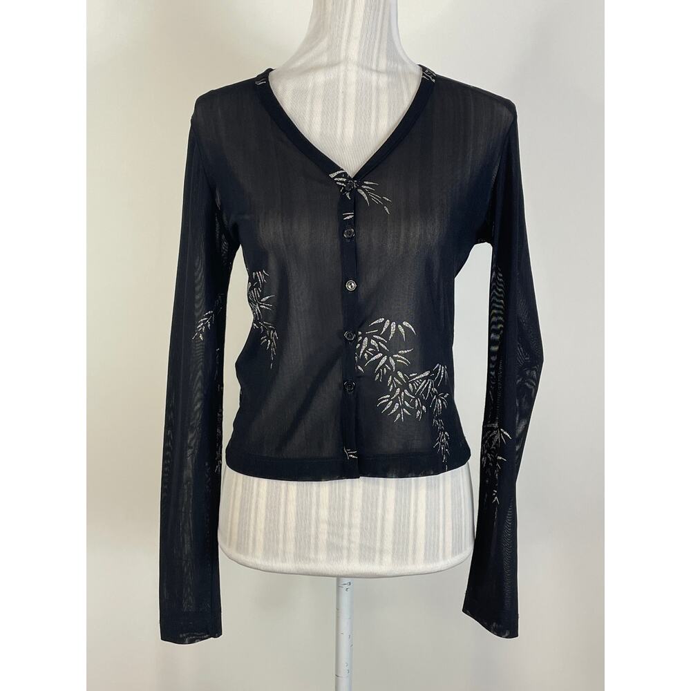 Vintage Malibu Sheer V Neck Silver Print Button Front Y2K Top Size Medium